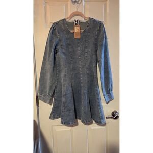 Utcoco Womens Long Sleeve Denim Mini Dress Blue Fit and Flare XL New